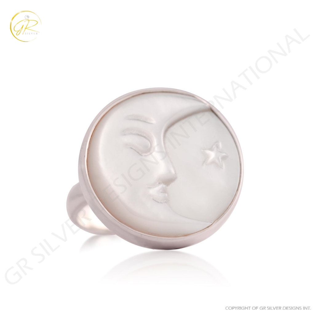 Natural Mother of Pearl Face Carving Sterling Silver Ring For Women