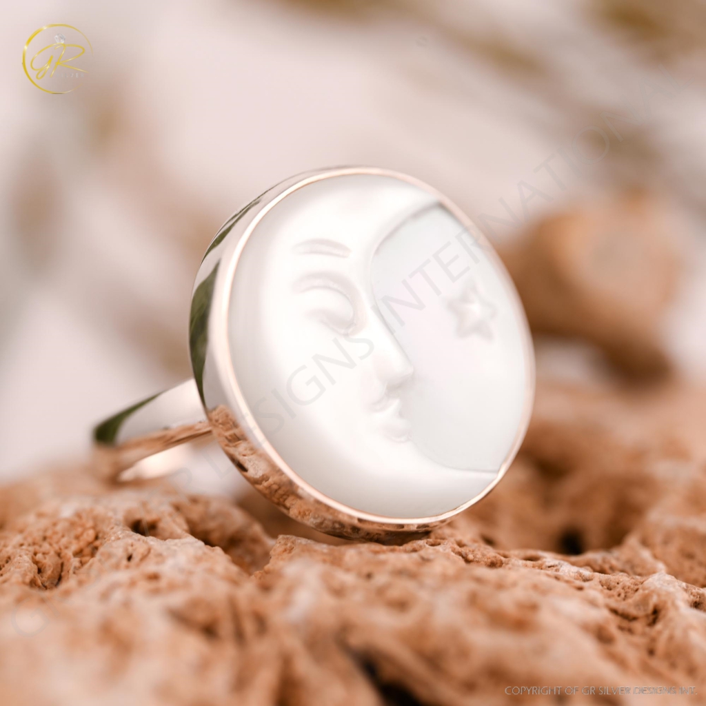 Natural Mother of Pearl Face Carving Sterling Silver Ring For Women