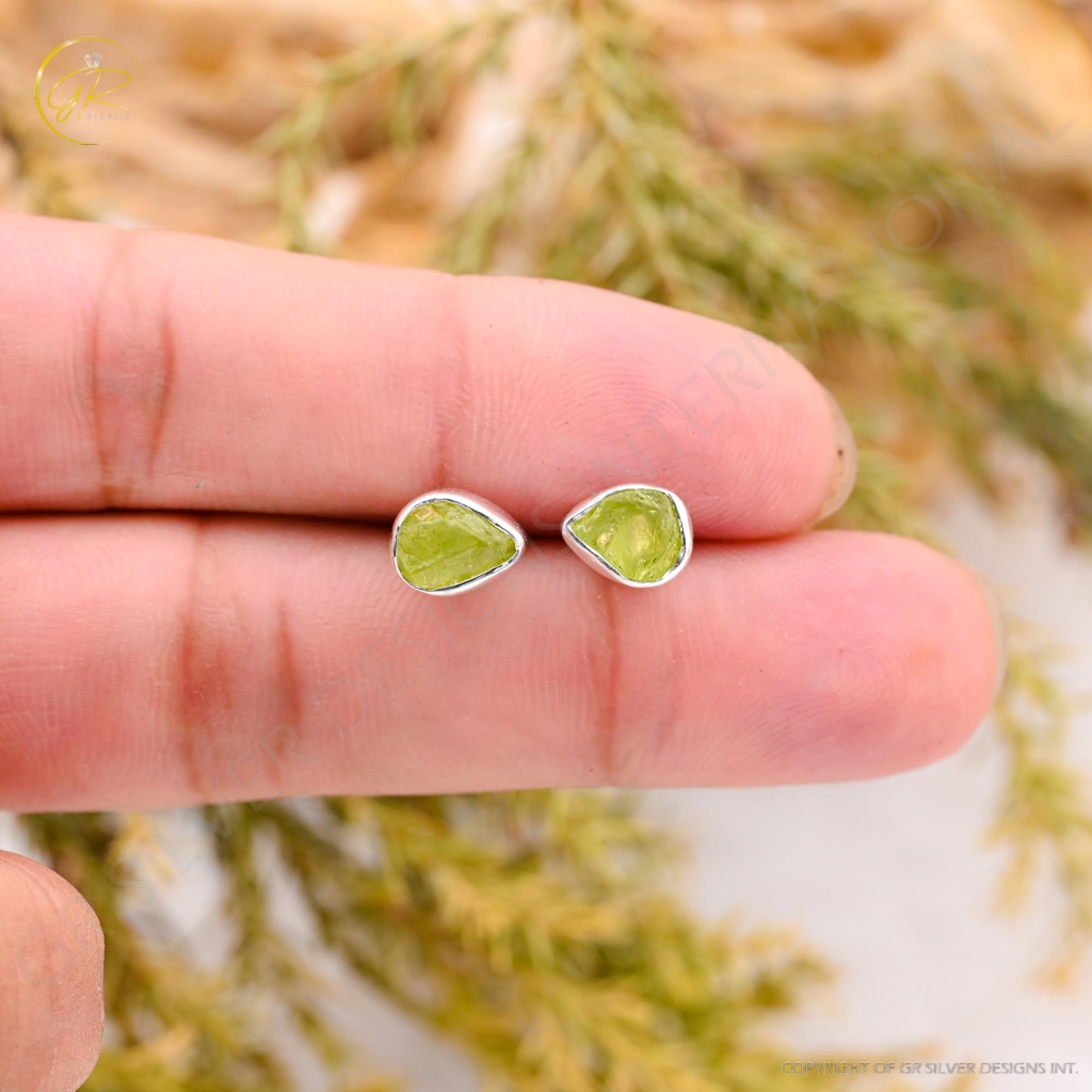 Natural Peridot Birthstone Sterling Silver Round Studs Earrings