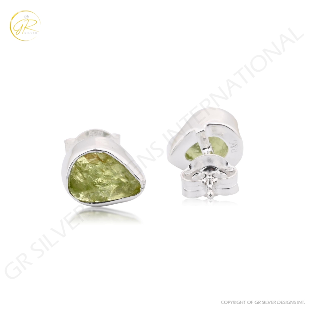 Natural Peridot Birthstone Sterling Silver Round Studs Earrings