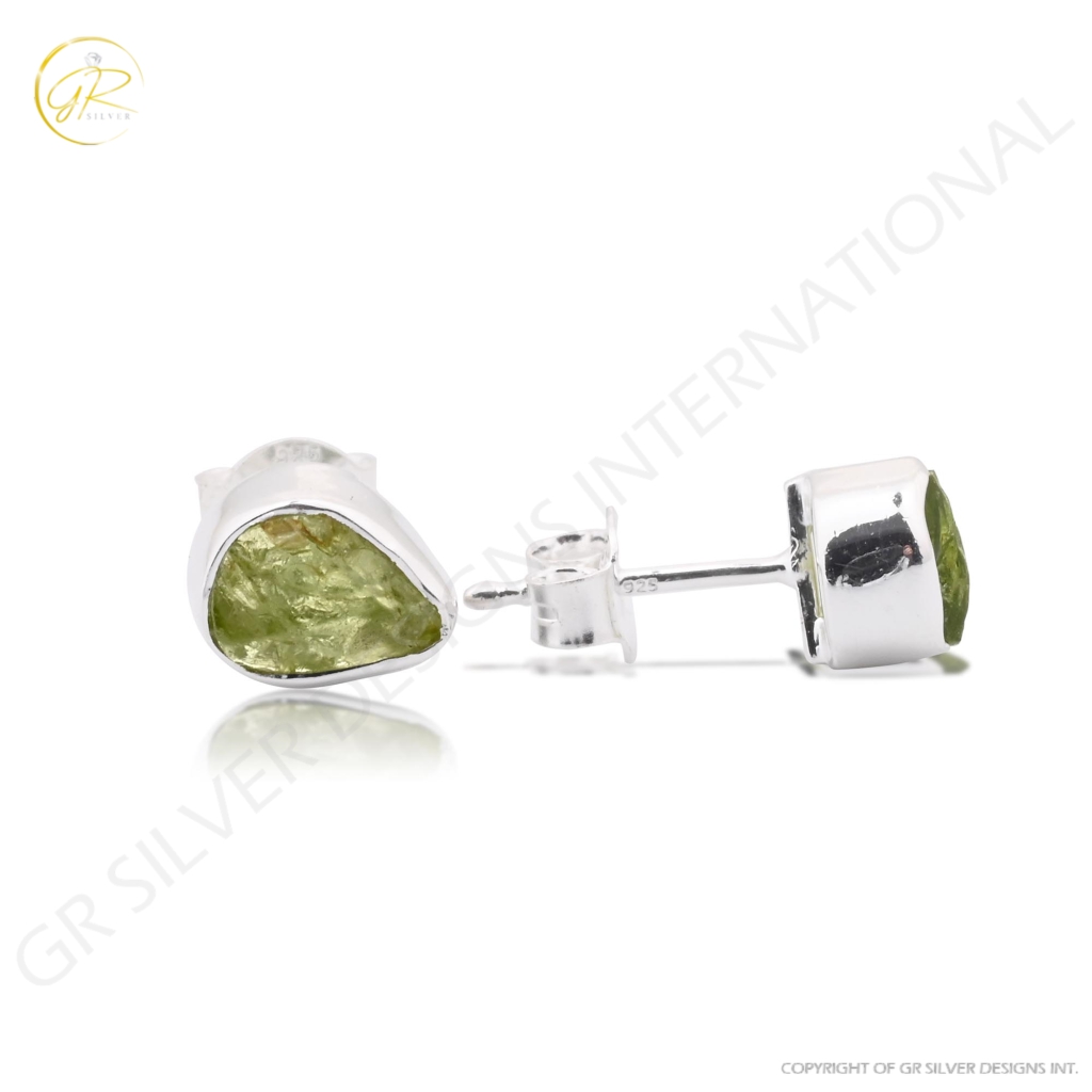 Natural Peridot Birthstone Sterling Silver Round Studs Earrings