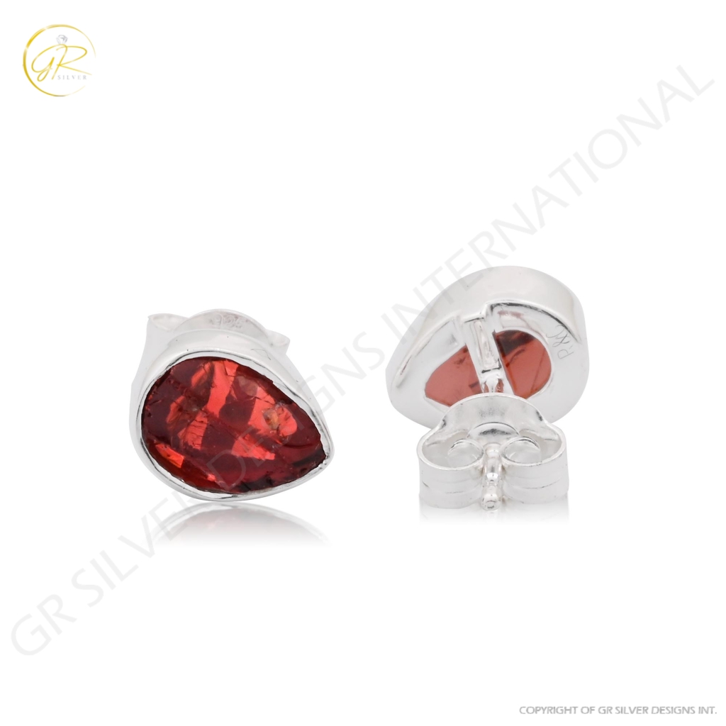 Natural Garnet Birthstone Sterling Silver Round Studs Earrings