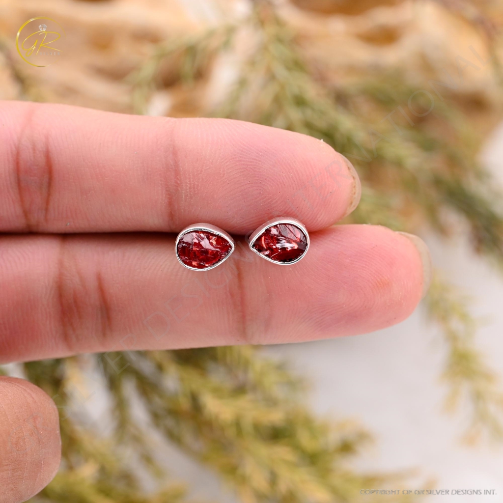 Natural Garnet Birthstone Sterling Silver Round Studs Earrings