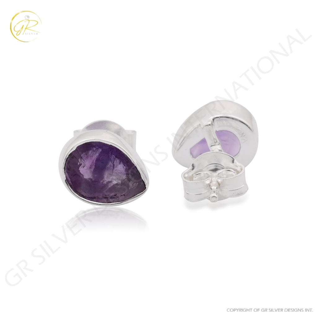 Natural Amethyst  Birthstone Sterling Silver Round Studs Earrings