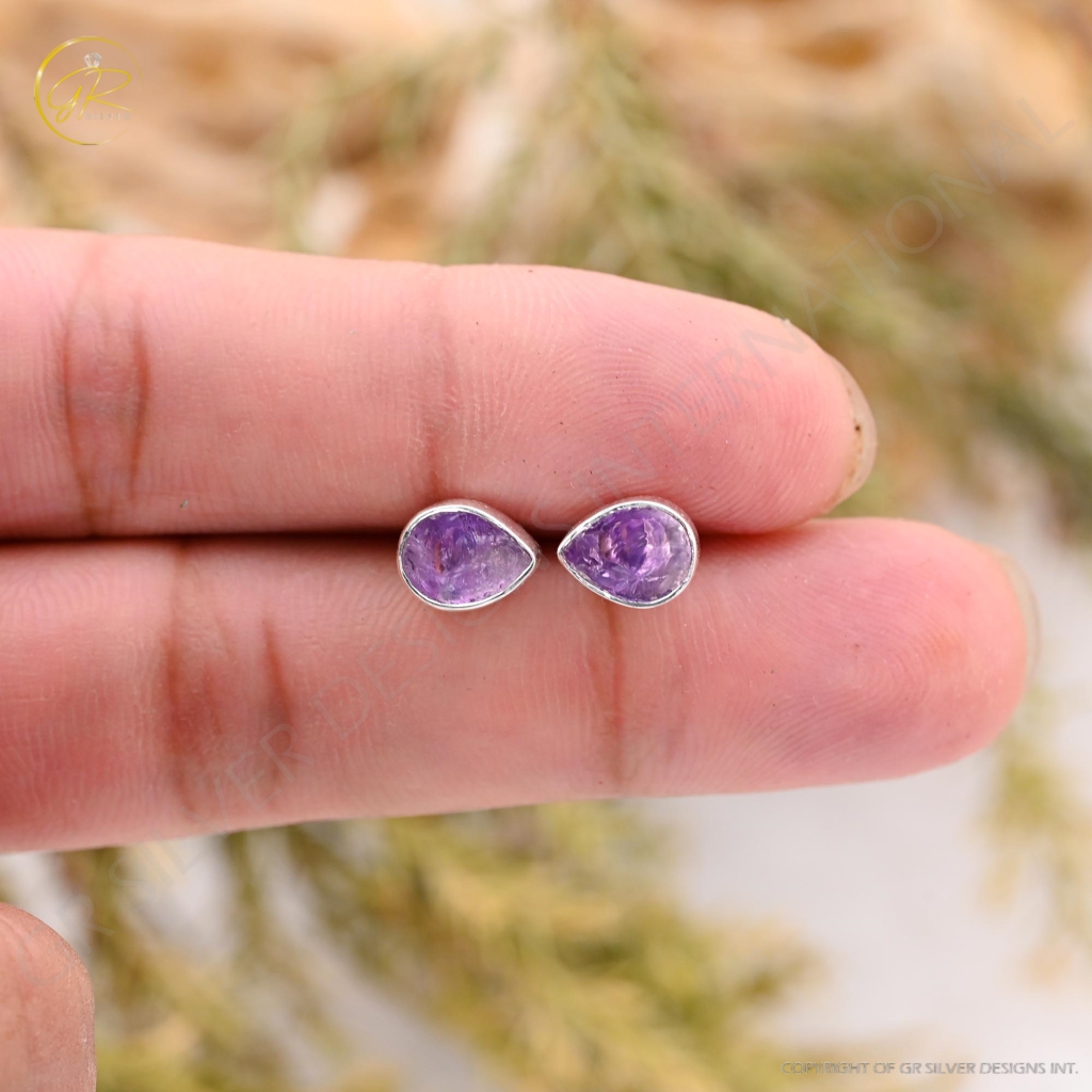 Natural Amethyst  Birthstone Sterling Silver Round Studs Earrings