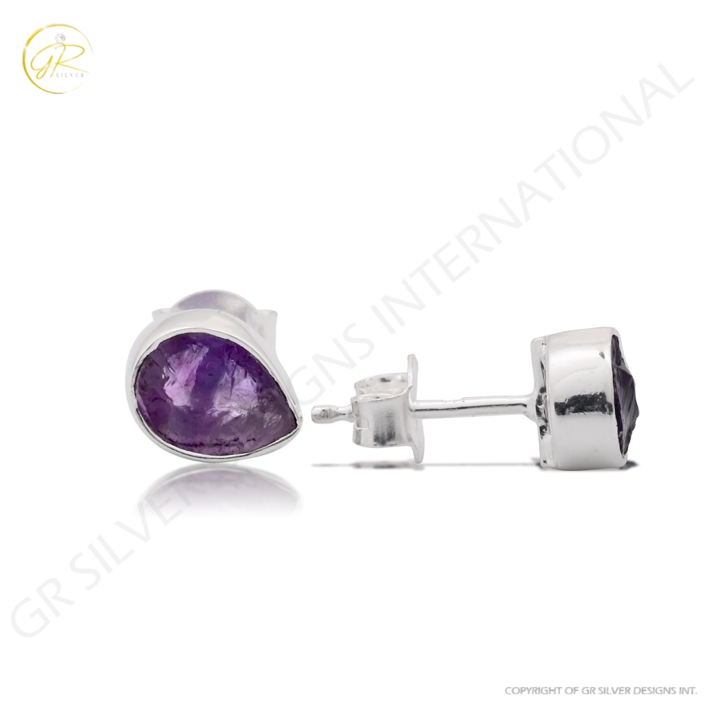 Natural Amethyst  Birthstone Sterling Silver Round Studs Earrings