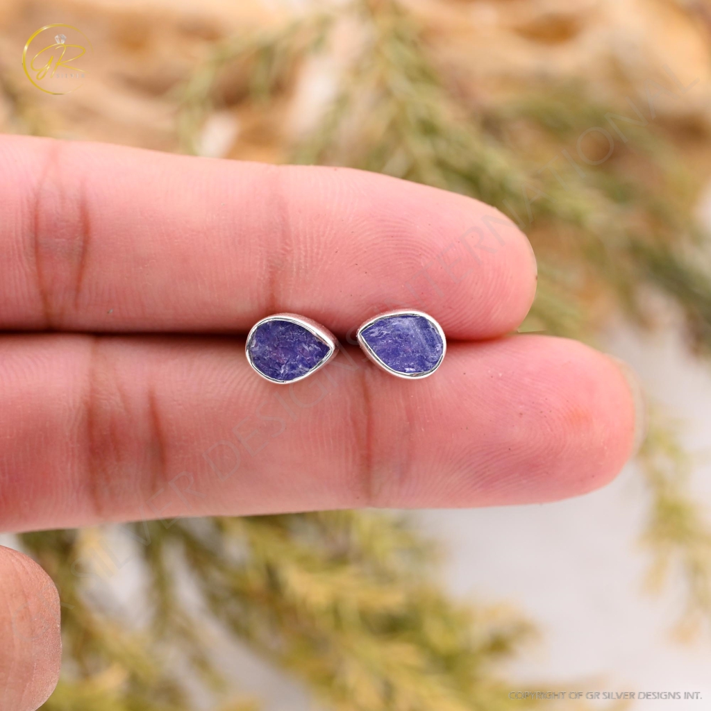 Natural Tanzanite Birthstone Sterling Silver Round Studs Earrings