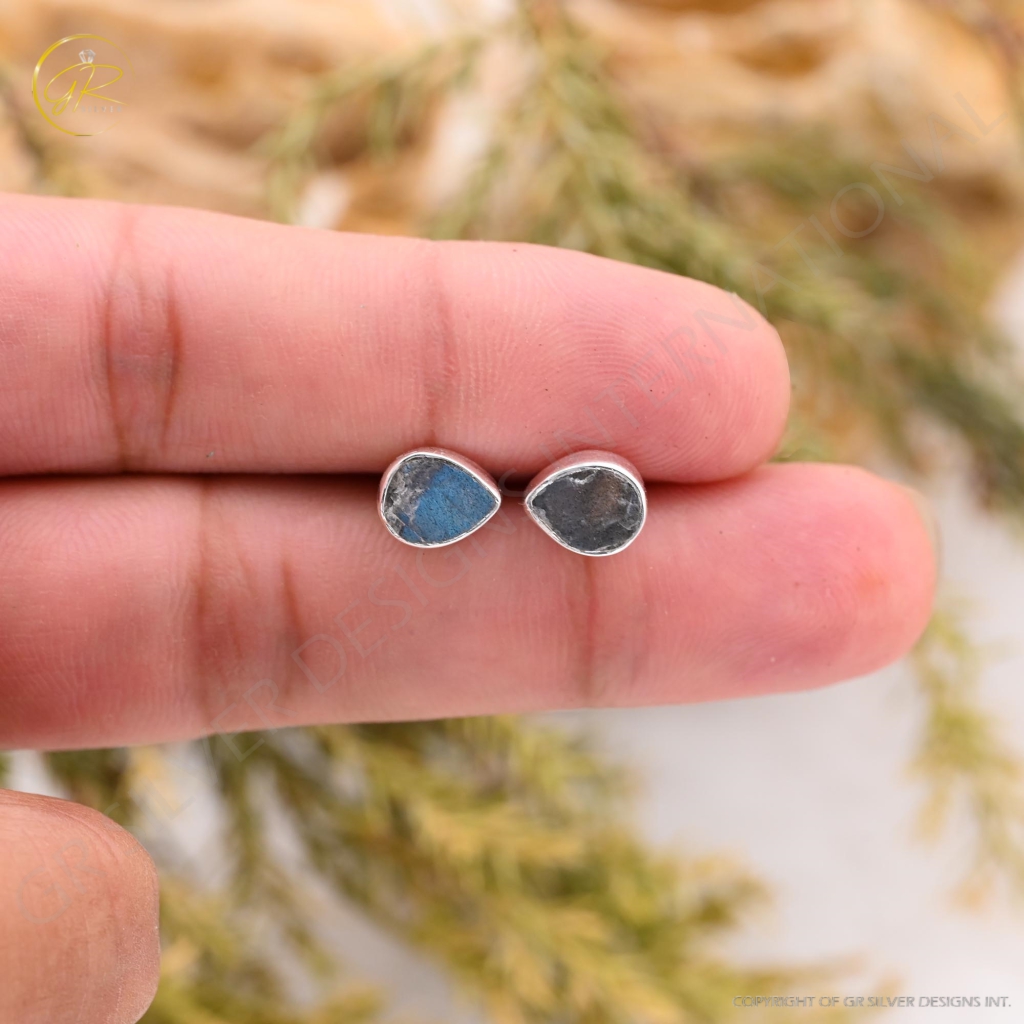 Natural Labradorite Birthstone Sterling Silver Round Studs Earrings