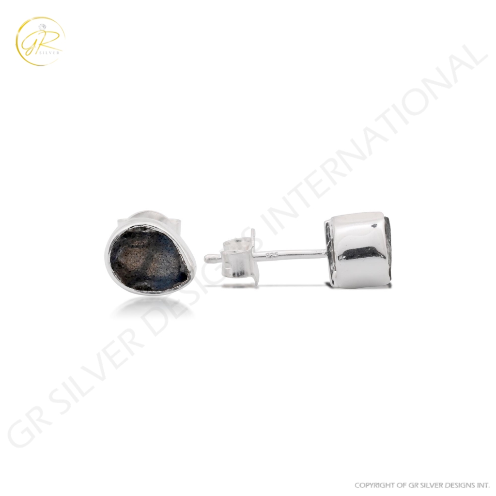 Natural Labradorite Birthstone Sterling Silver Round Studs Earrings