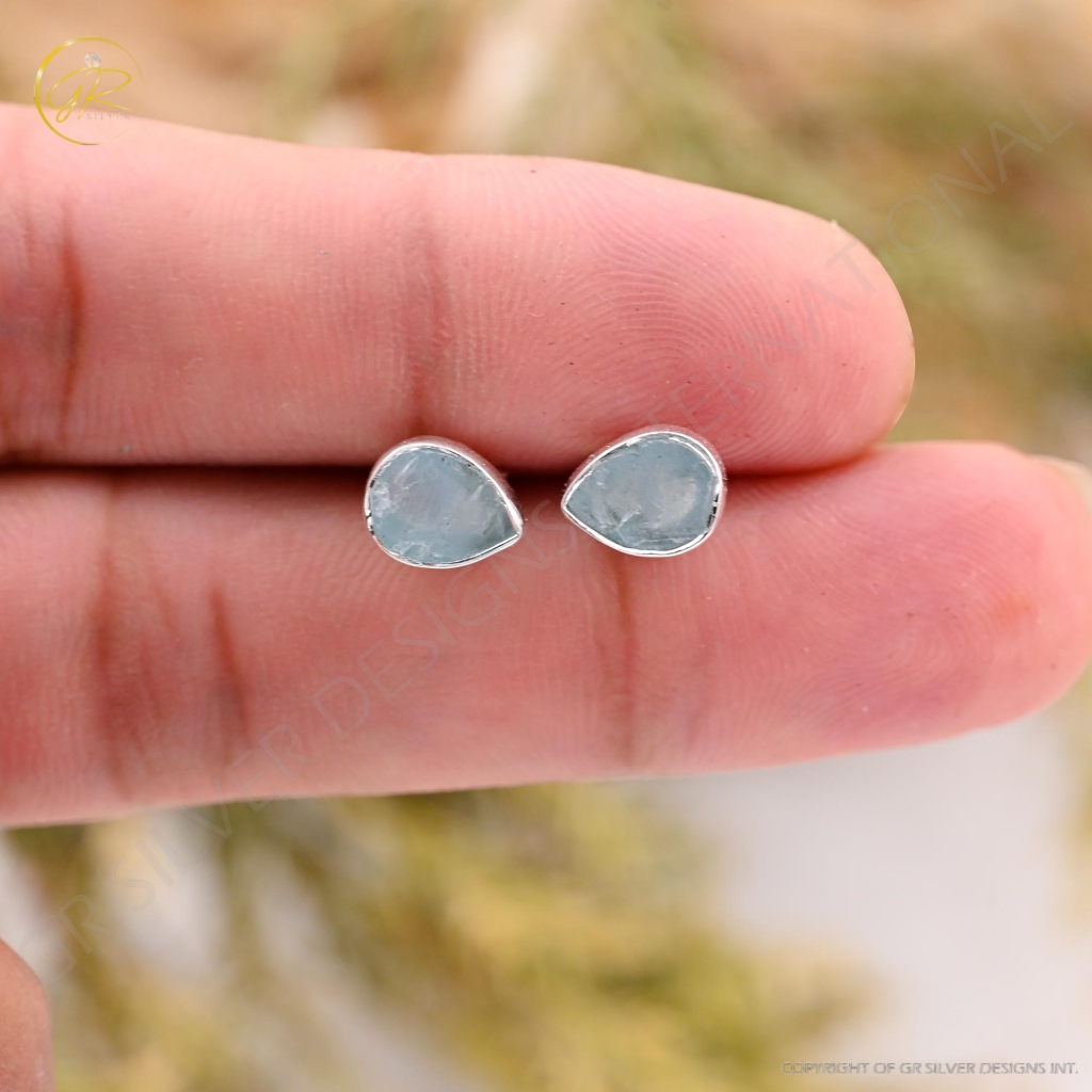 Natural Aquamarine Birthstone Sterling Silver Round Studs Earrings