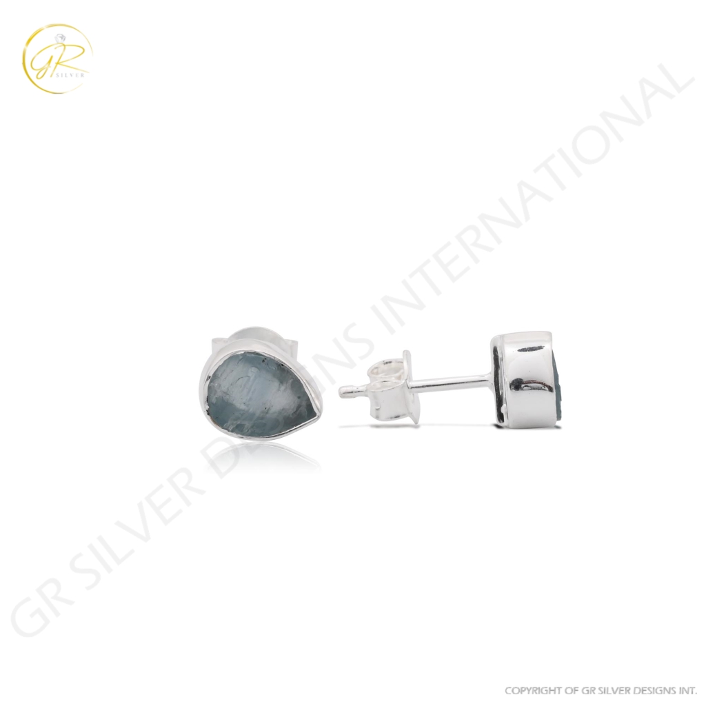 Natural Aquamarine Birthstone Sterling Silver Round Studs Earrings