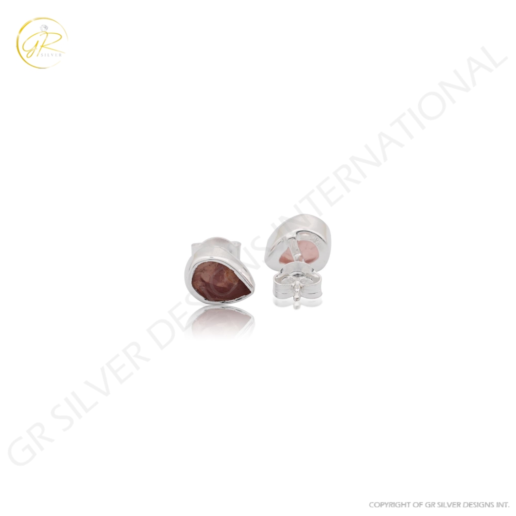 Natural Rose Quartz Birthstone Sterling Silver Round Studs Earrings