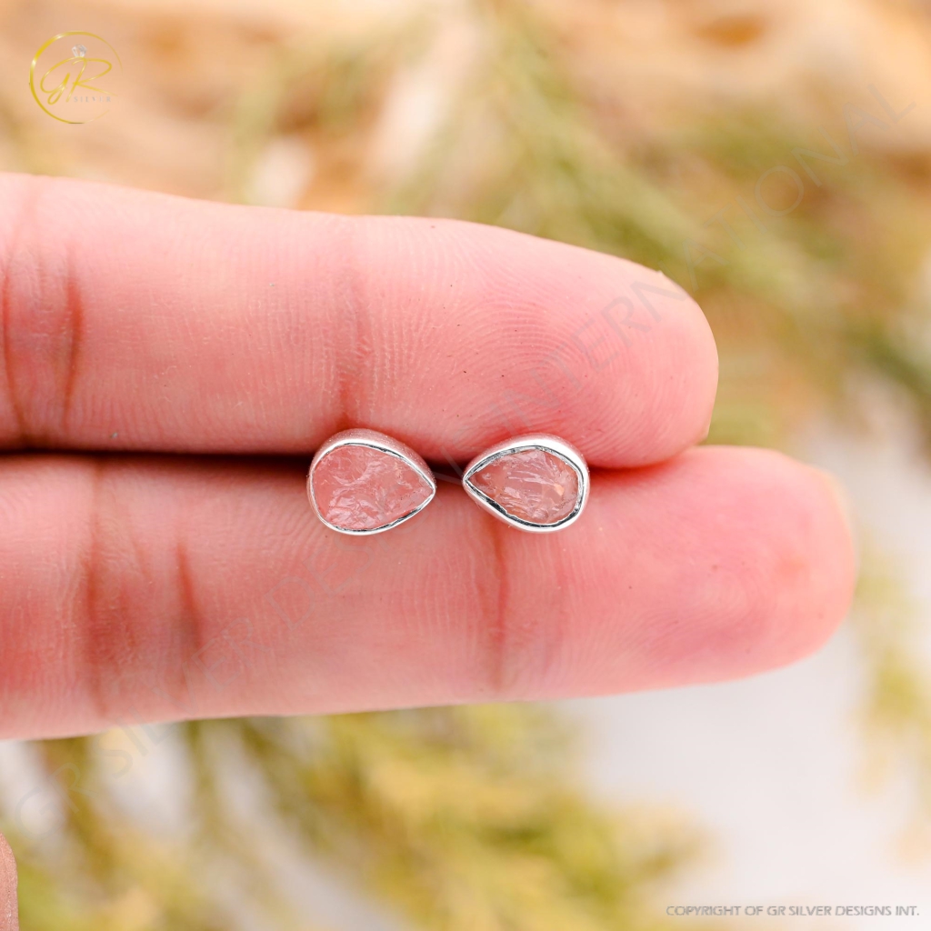 Natural Rose Quartz Birthstone Sterling Silver Round Studs Earrings