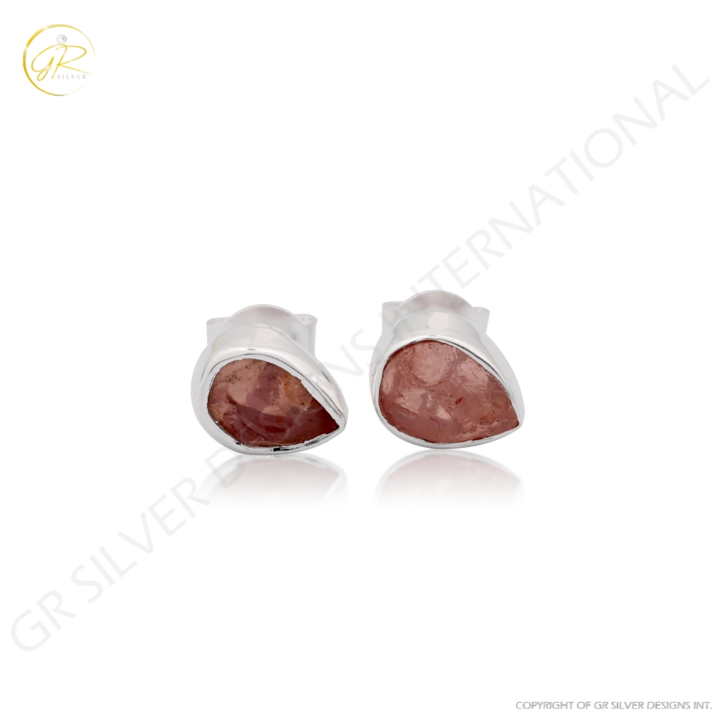 Natural Rose Quartz Birthstone Sterling Silver Round Studs Earrings