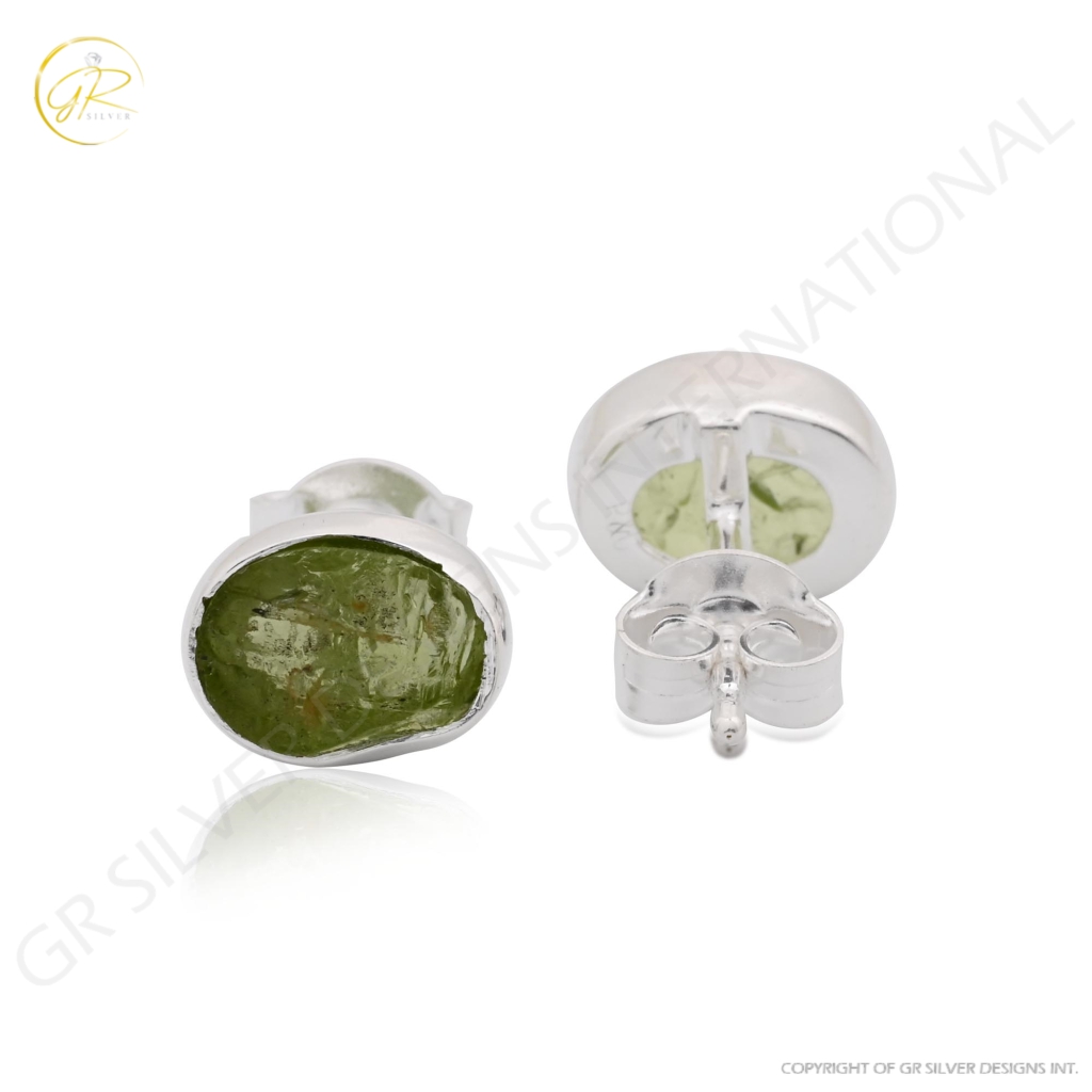 Natural Peridot Birthstone Sterling Silver Round Studs Earrings