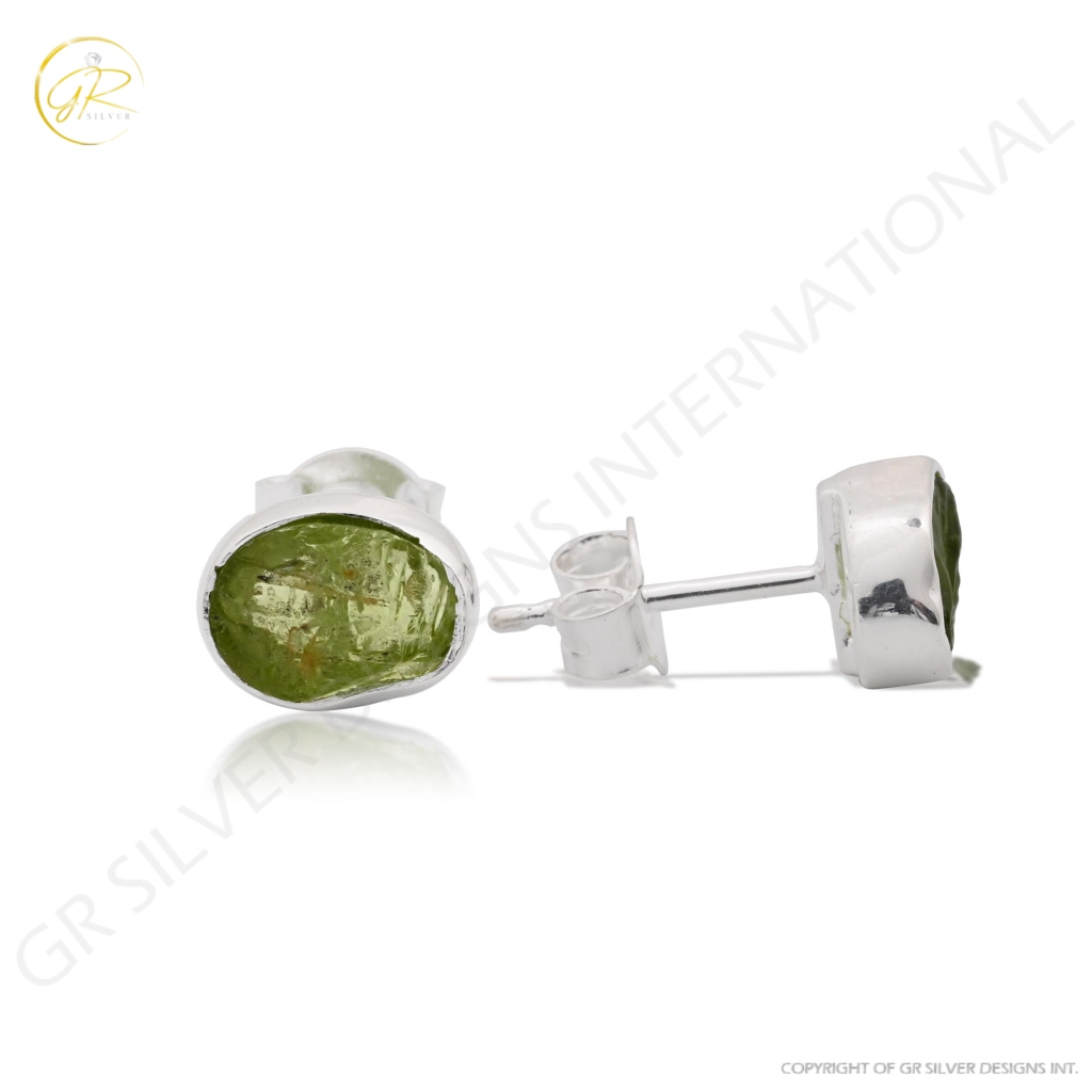 Natural Peridot Birthstone Sterling Silver Round Studs Earrings