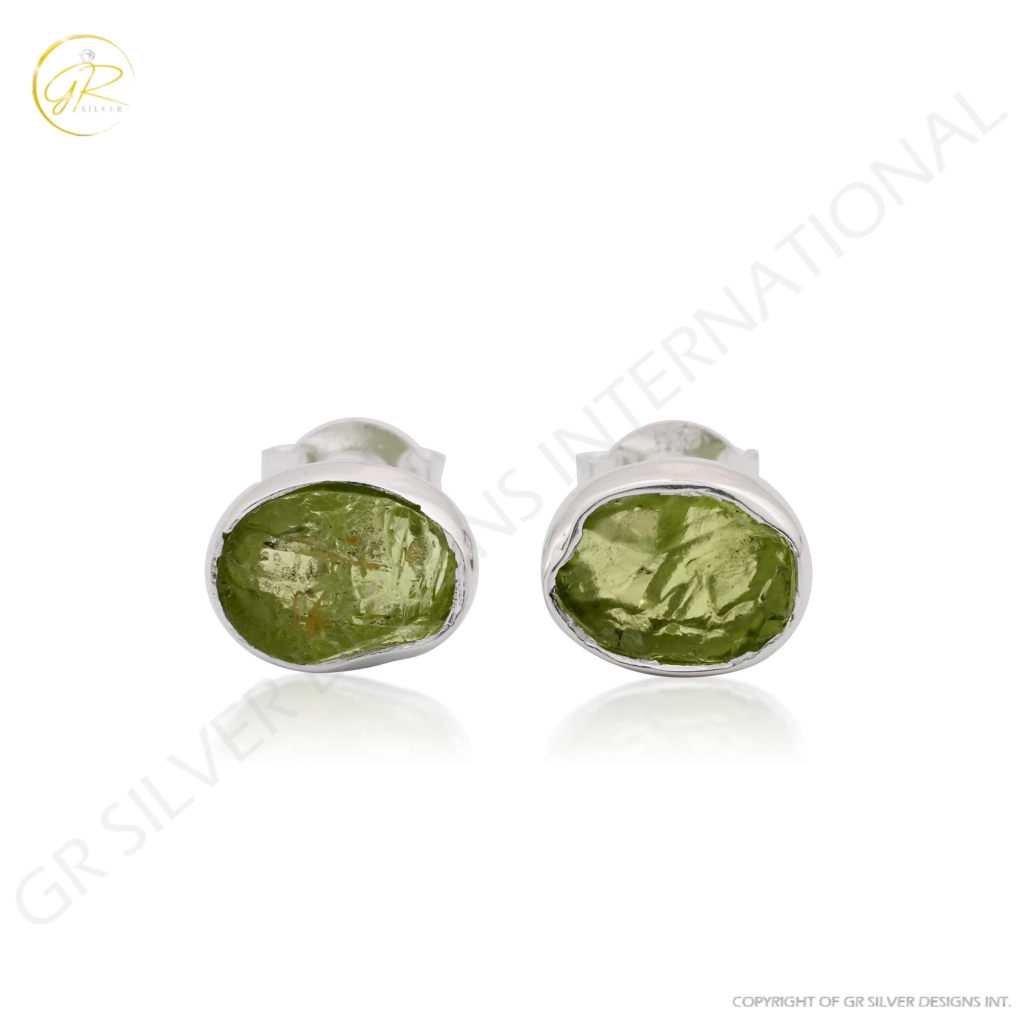 Natural Peridot Birthstone Sterling Silver Round Studs Earrings