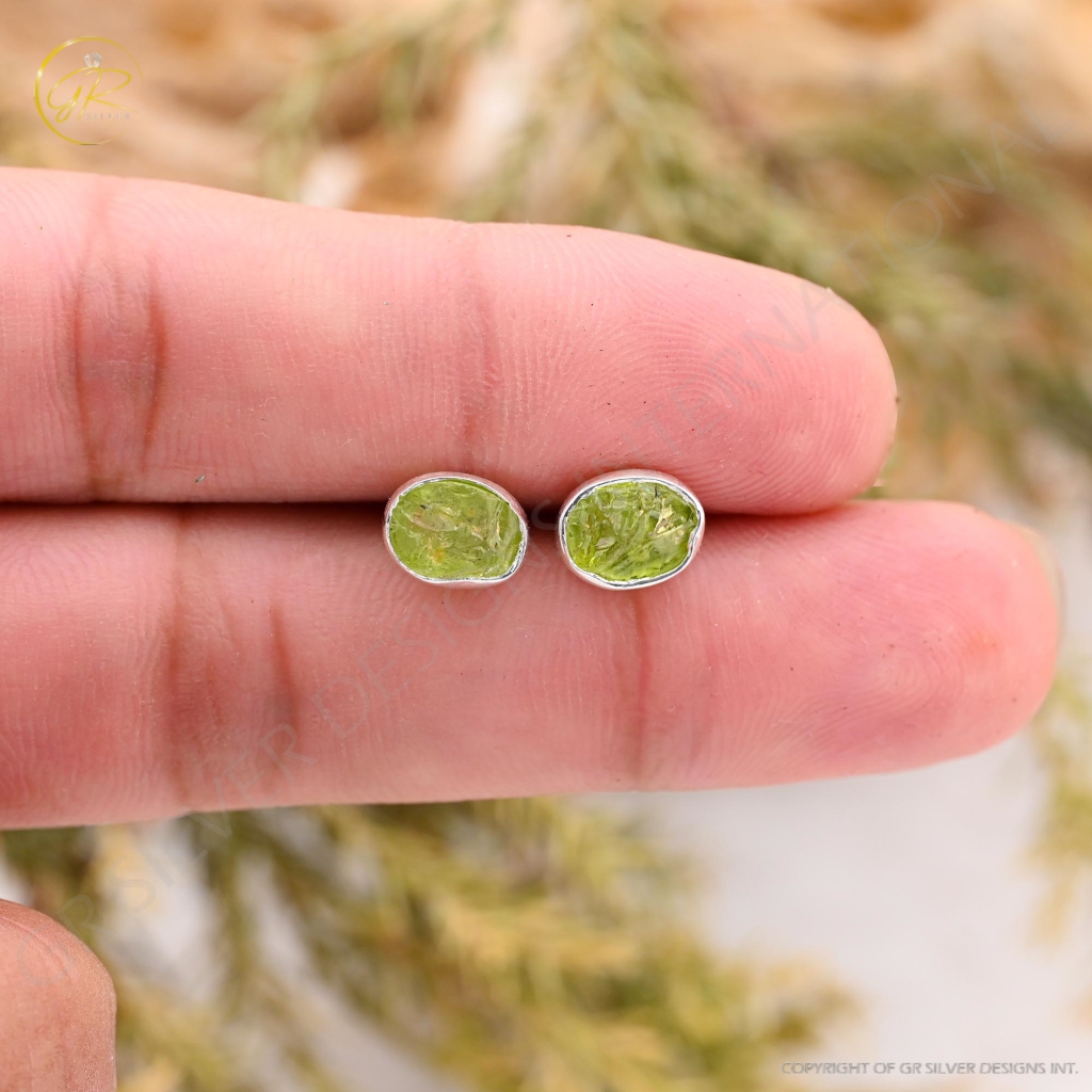 Natural Peridot Birthstone Sterling Silver Round Studs Earrings