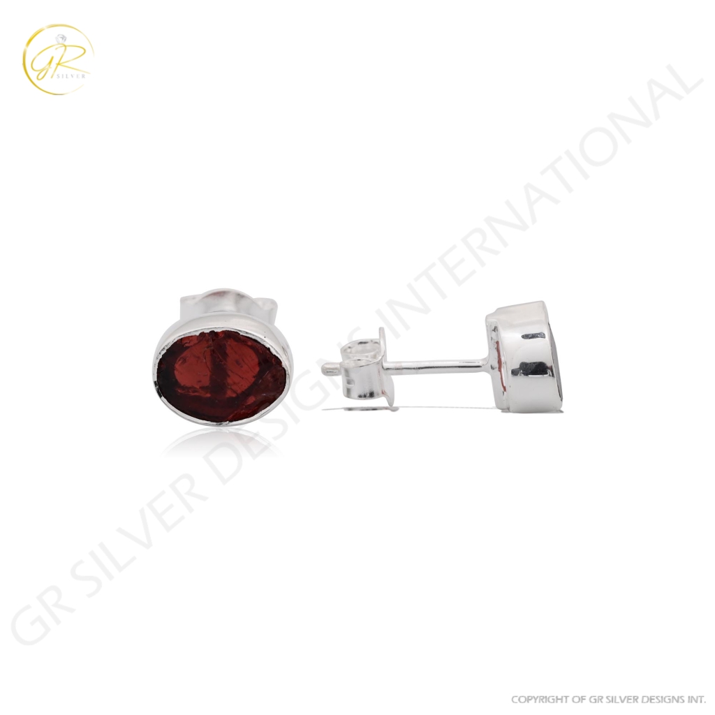 Natural Garnet Birthstone Sterling Silver Round Studs Earrings