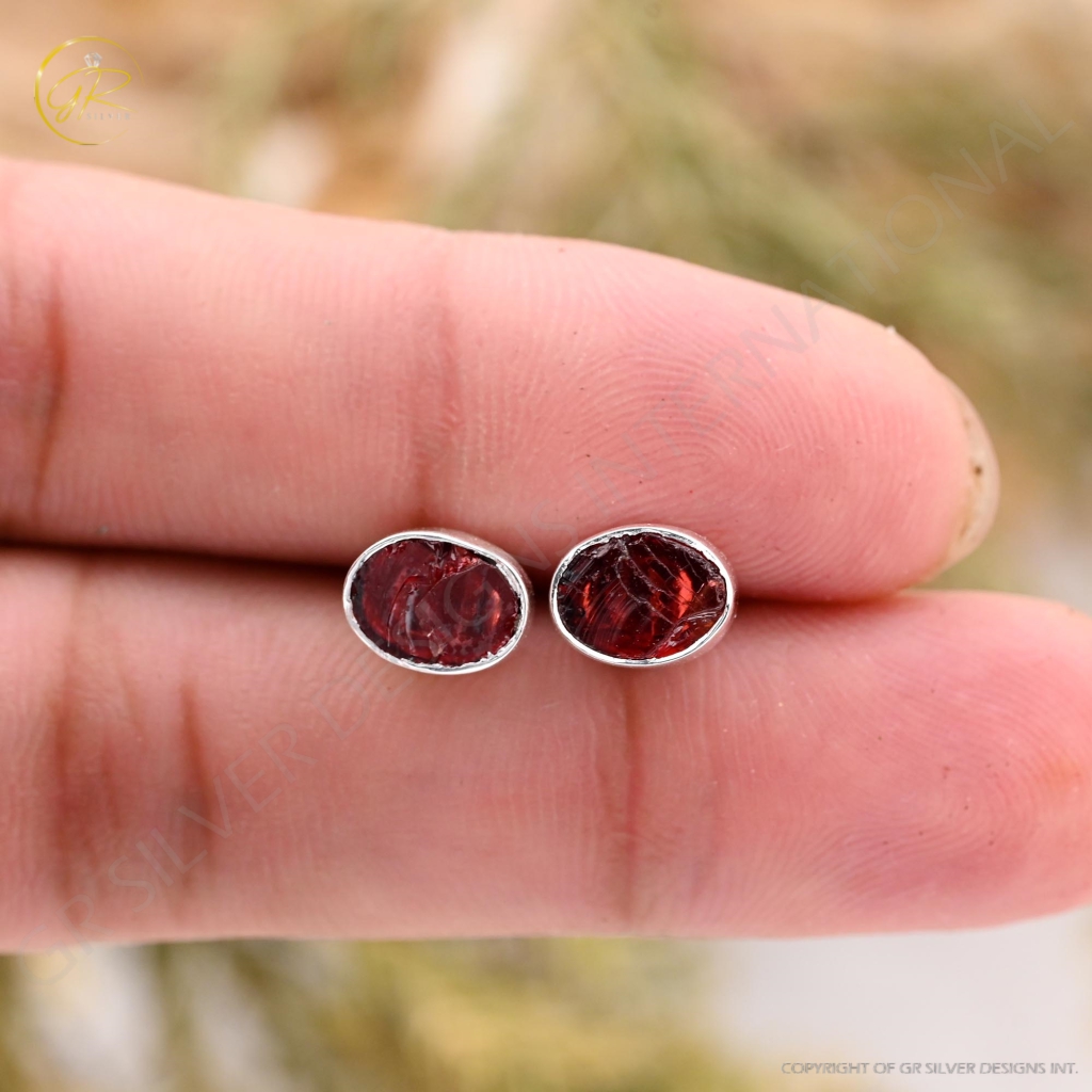 Natural Garnet Birthstone Sterling Silver Round Studs Earrings