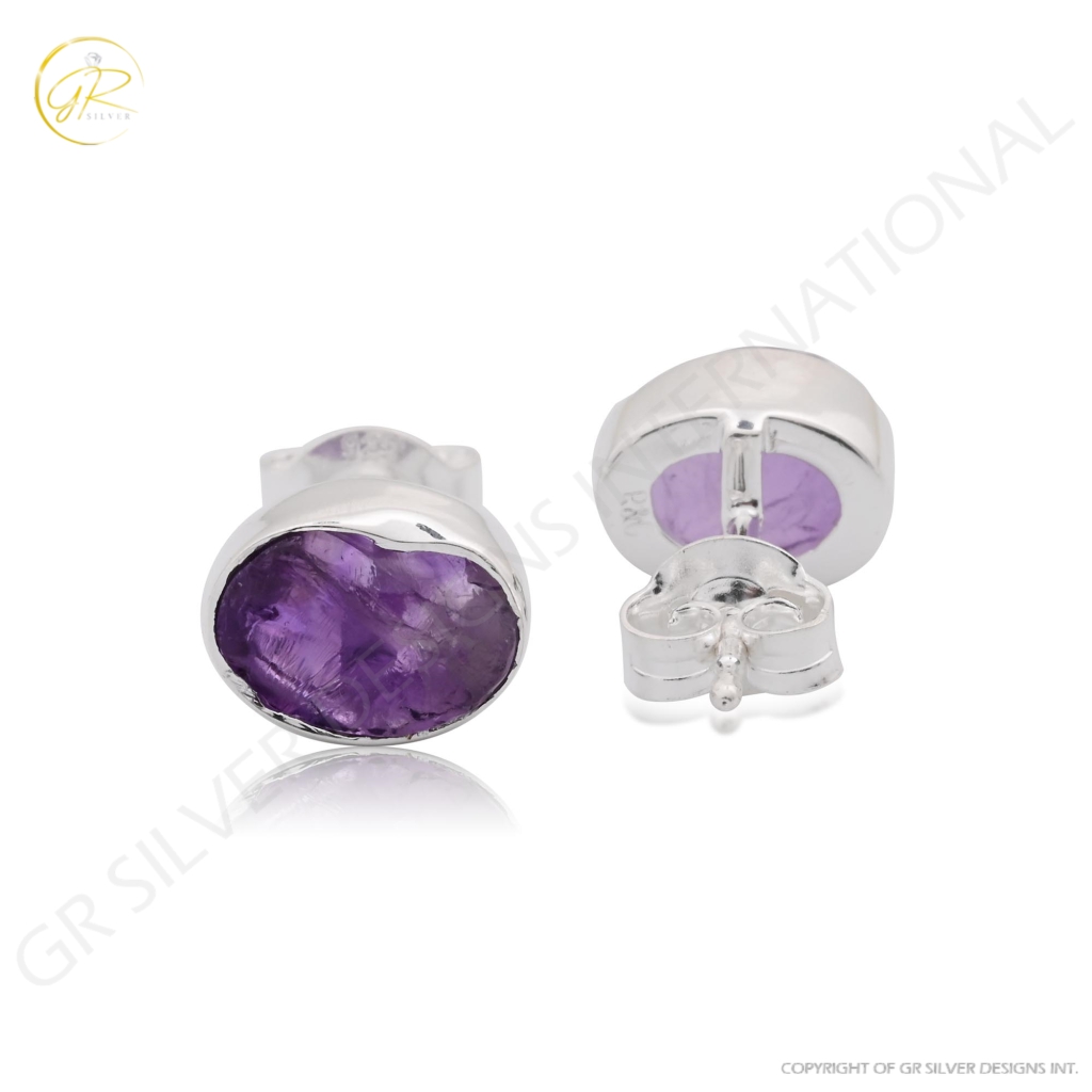 Natural Amethyst Birthstone Sterling Silver Round Studs Earrings