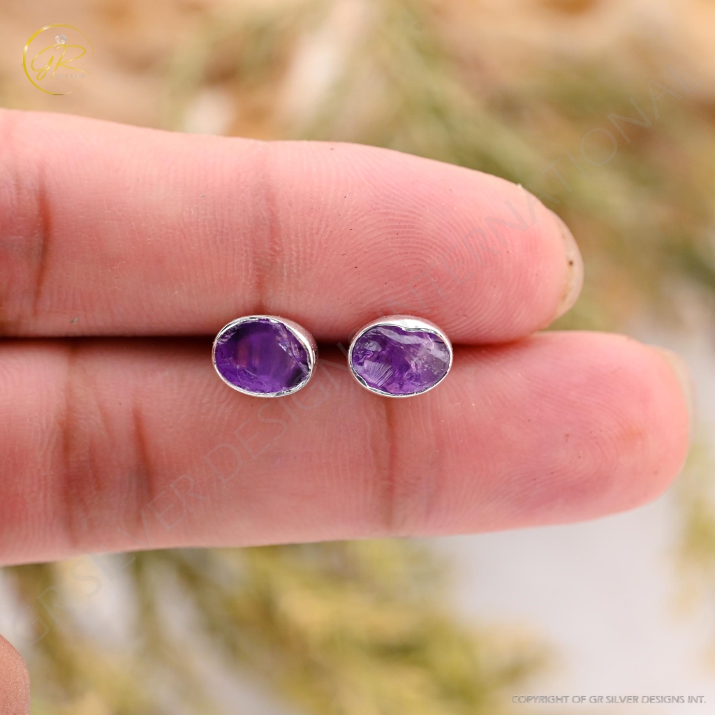 Natural Amethyst Birthstone Sterling Silver Round Studs Earrings