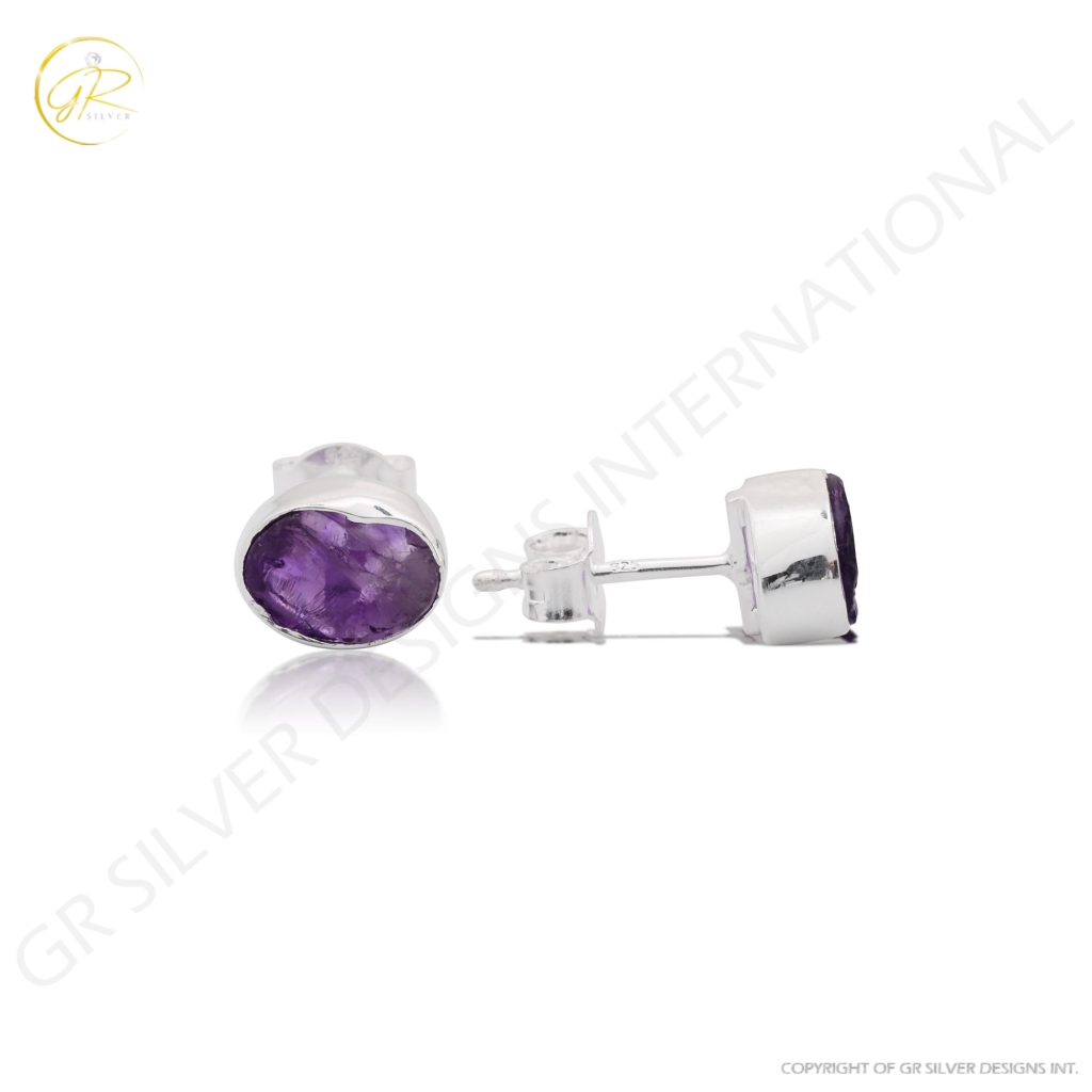 Natural Amethyst Birthstone Sterling Silver Round Studs Earrings