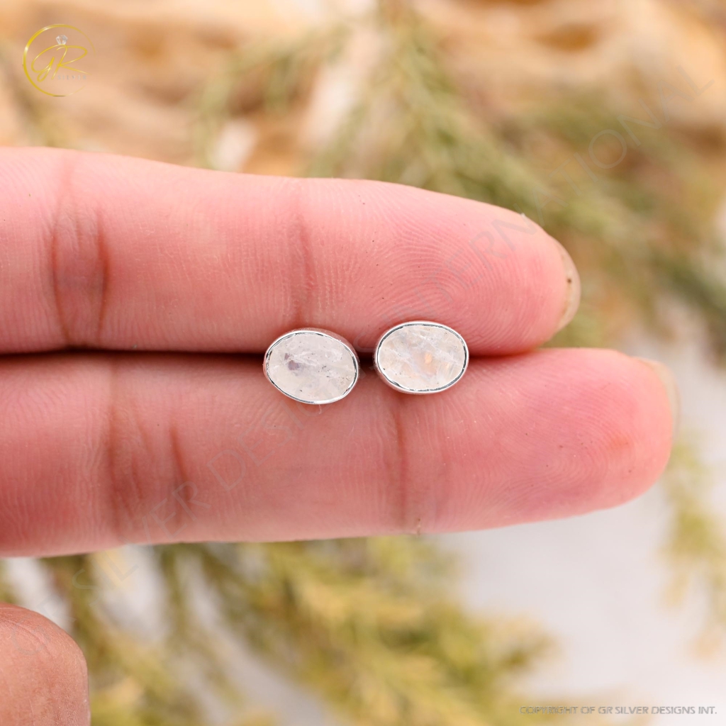 Natural Rainbow Moonstone Birthstone Sterling Silver Round Studs Earrings