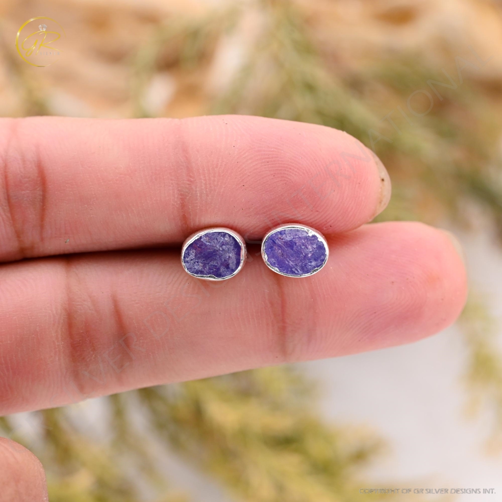 Natural Tanzanite  Birthstone Sterling Silver Round Studs Earrings