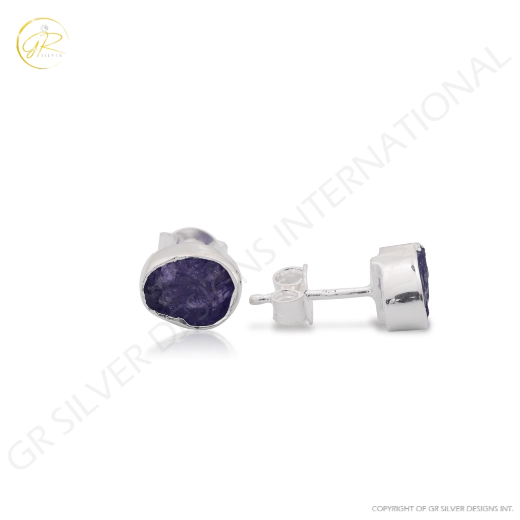 Natural Tanzanite  Birthstone Sterling Silver Round Studs Earrings