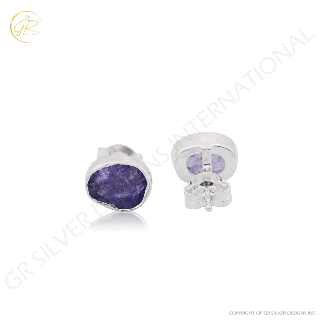 Natural Tanzanite  Birthstone Sterling Silver Round Studs Earrings