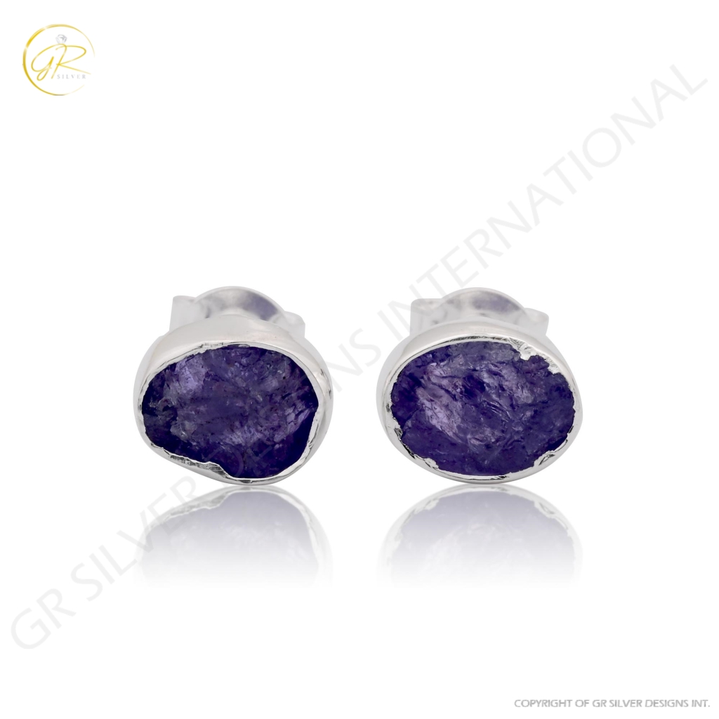 Natural Tanzanite  Birthstone Sterling Silver Round Studs Earrings