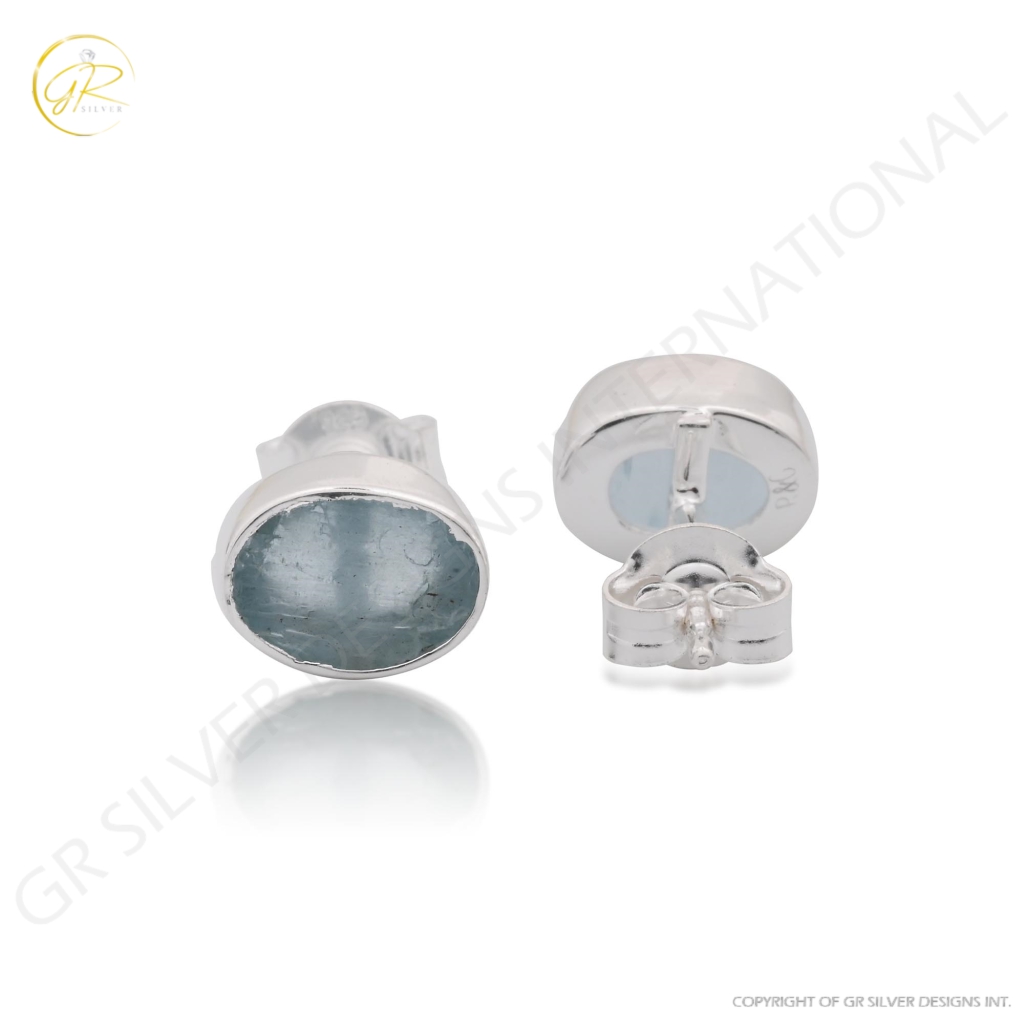 Natural Aquamarine Birthstone Sterling Silver Round Studs Earrings