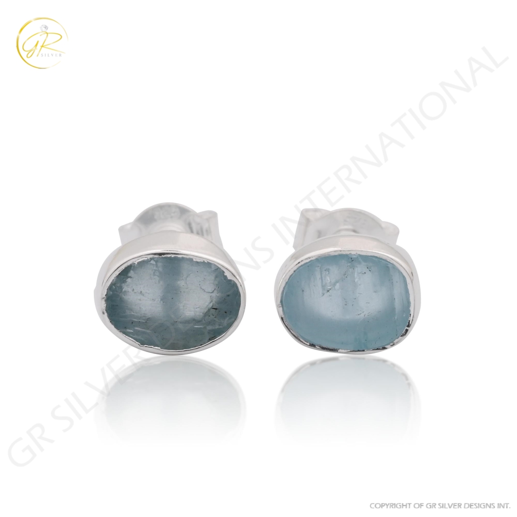 Natural Aquamarine Birthstone Sterling Silver Round Studs Earrings