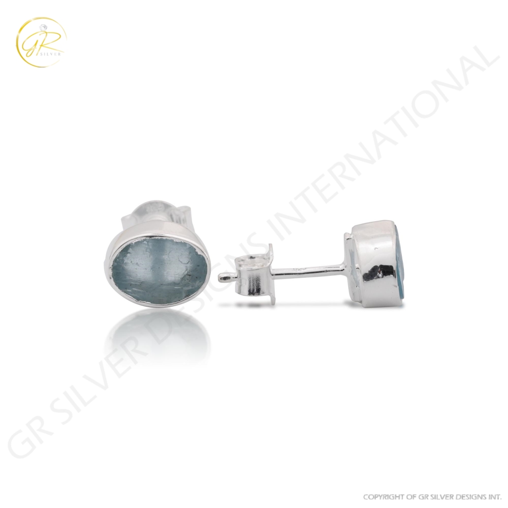 Natural Aquamarine Birthstone Sterling Silver Round Studs Earrings