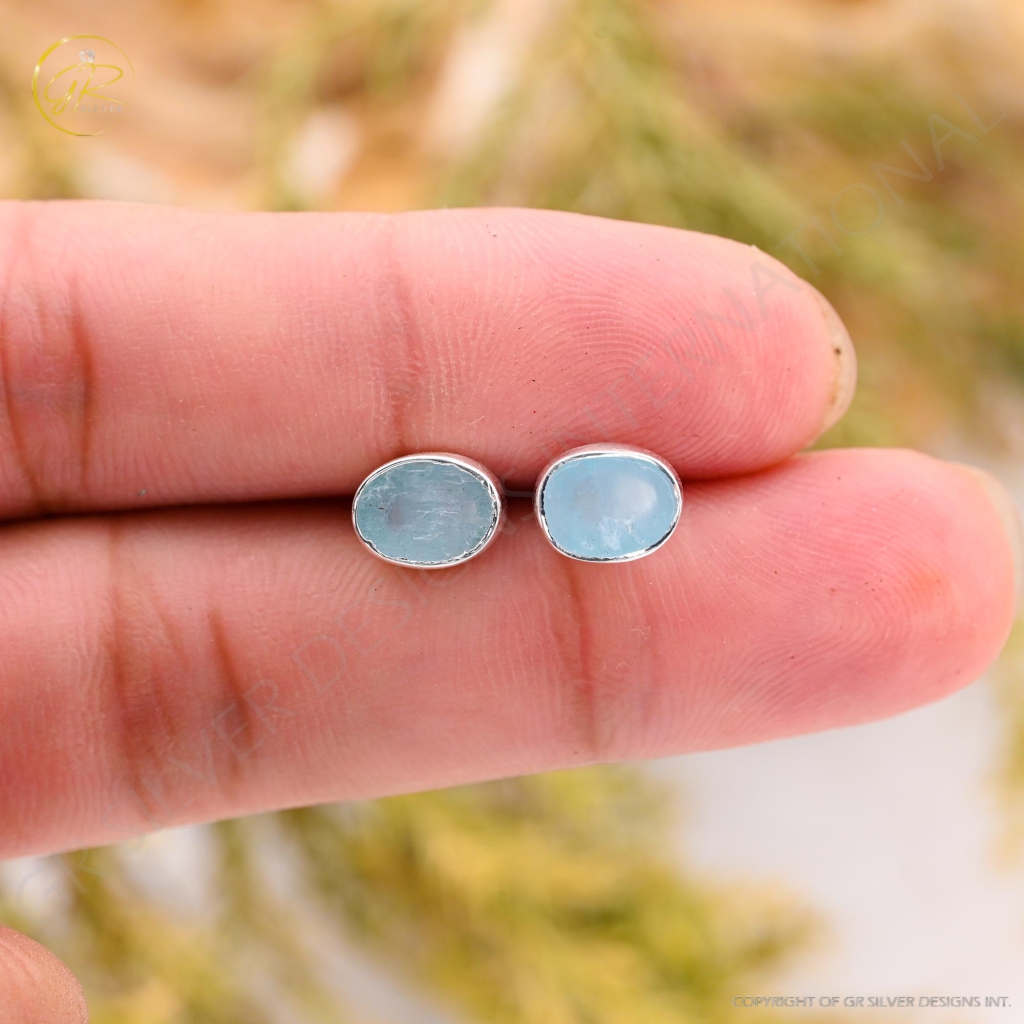 Natural Aquamarine Birthstone Sterling Silver Round Studs Earrings