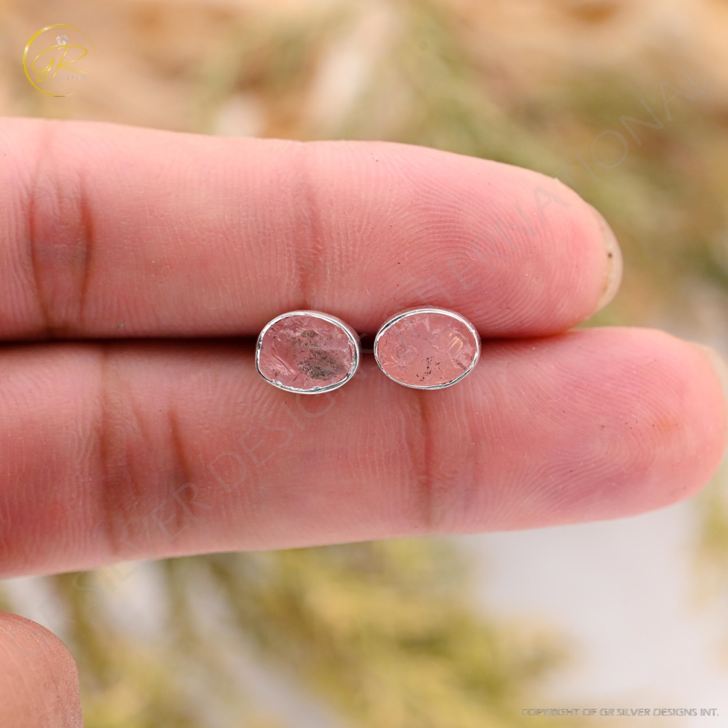 Natural Rose Quartz Birthstone Sterling Silver Round Studs Earrings