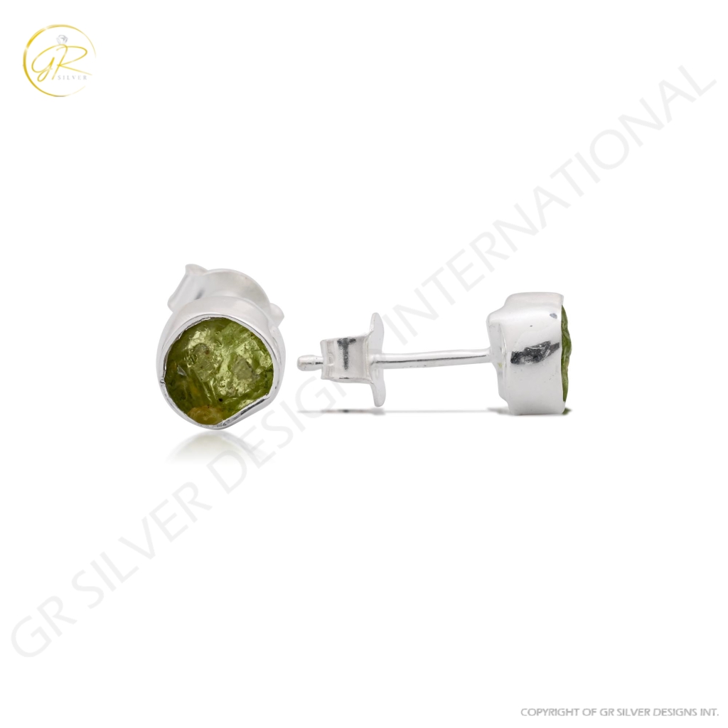 Natural Peridot Birthstone Sterling Silver Round Studs Earrings