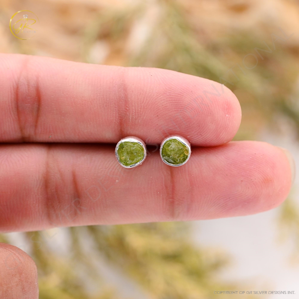 Natural Peridot Birthstone Sterling Silver Round Studs Earrings