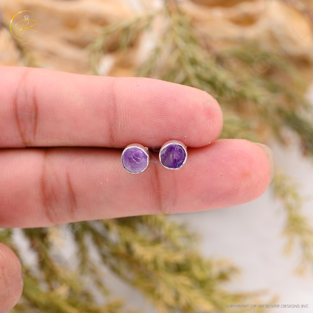 Natural Amethsyt Birthstone Sterling Silver Round Studs Earrings