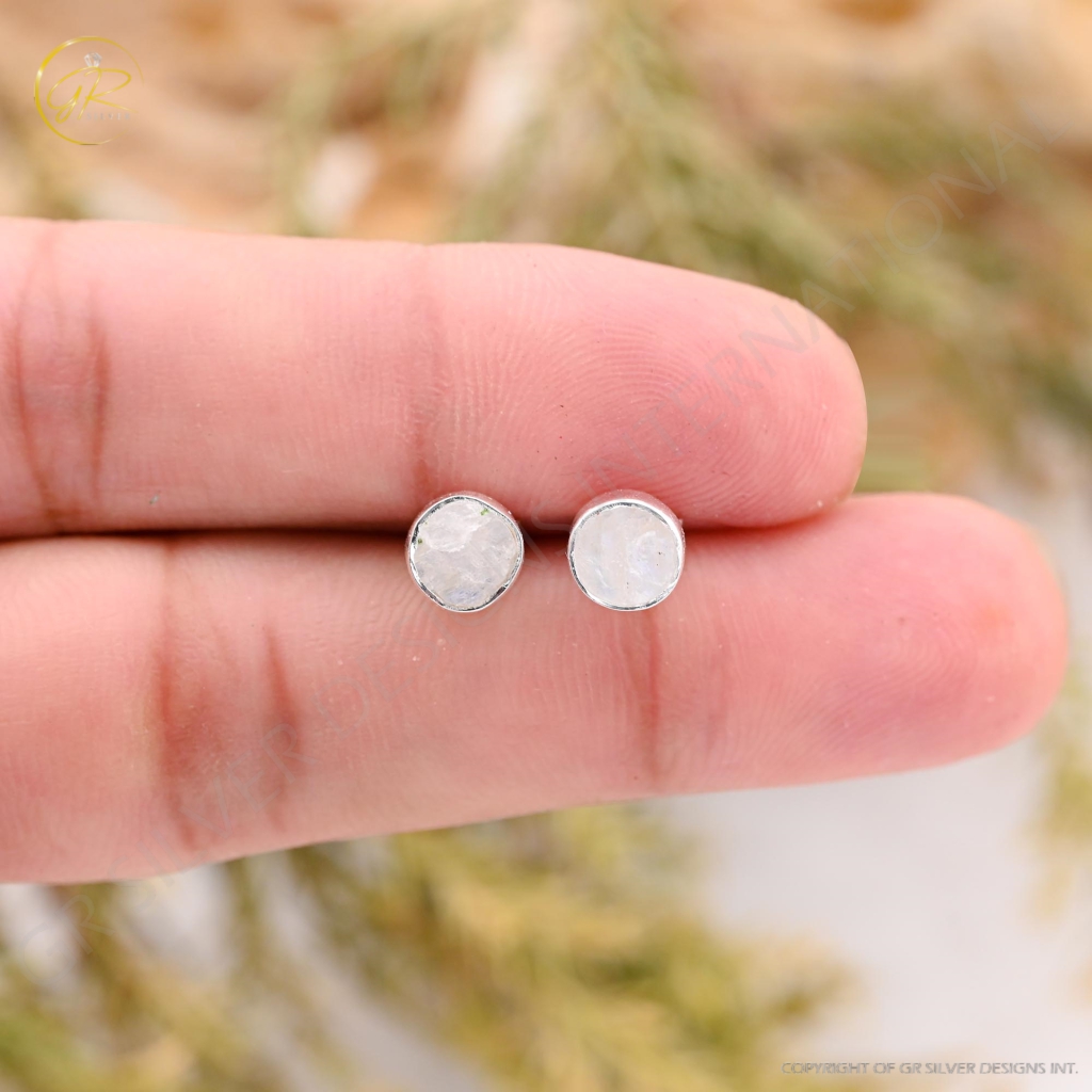 Natural Rainbow Moonstone Birthstone Sterling Silver Round Studs Earrings