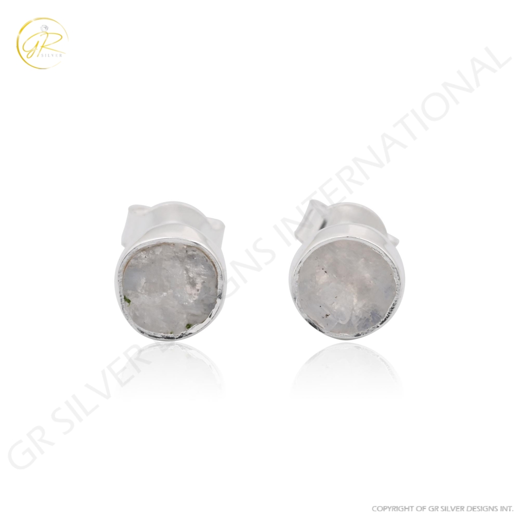 Natural Rainbow Moonstone Birthstone Sterling Silver Round Studs Earrings