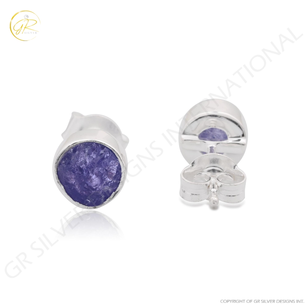 Natural Tanzanite Birthstone Sterling Silver Round Studs Earrings