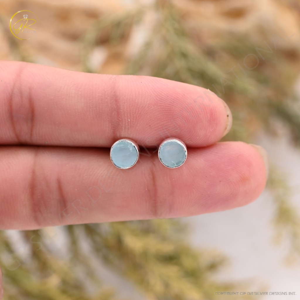 Natural Aquamarine Birthstone Sterling Silver Round Studs Earrings