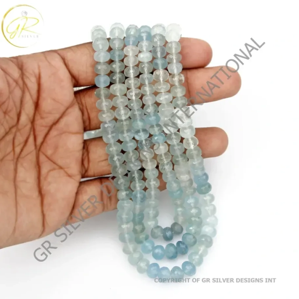 Aquamarine Necklace, Natural Aquamarine Beaded Necklace Round Shape 6-8mm Beads Mala