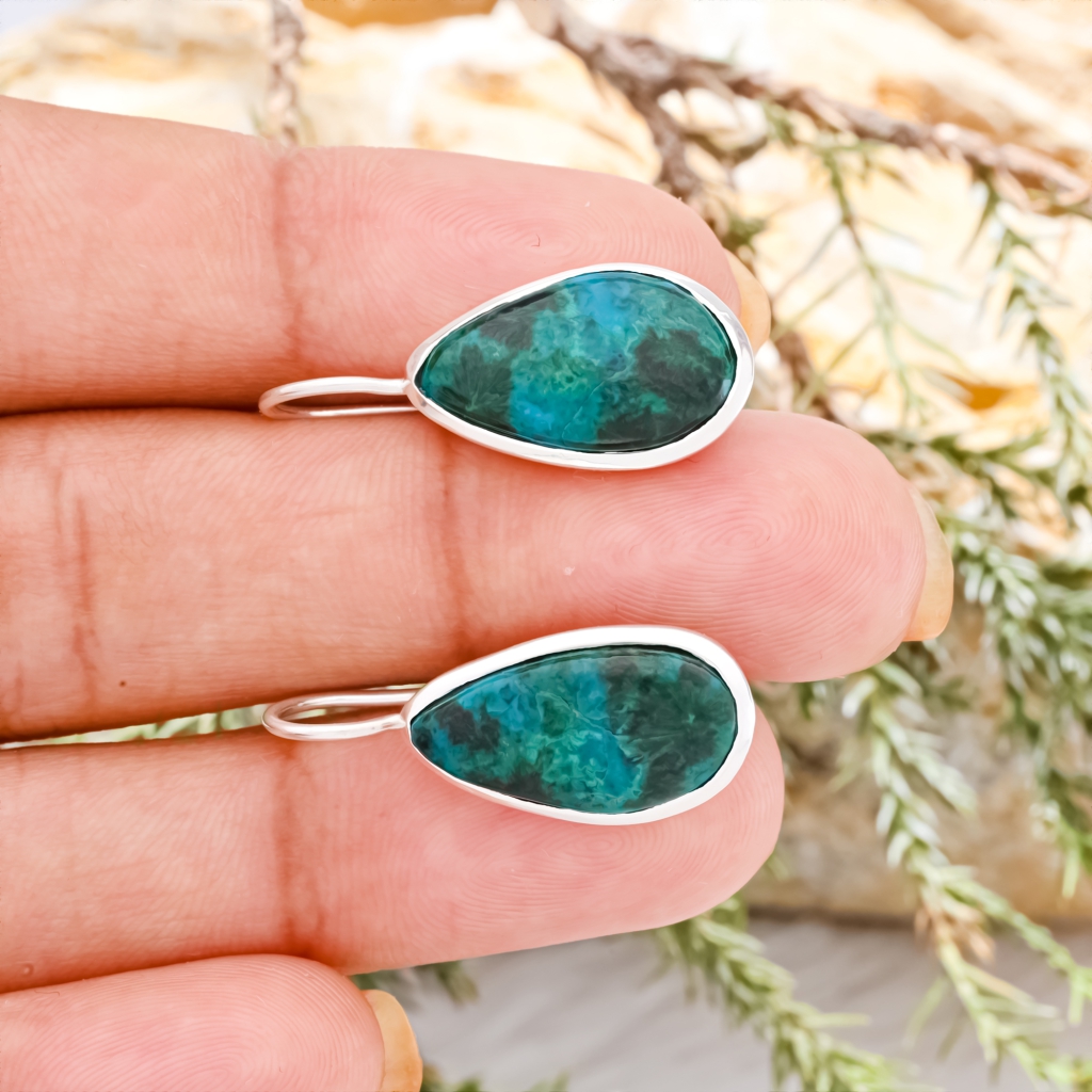 Natural Chrysocolla Gemstone Dangle Sterling Silver Women Earrings