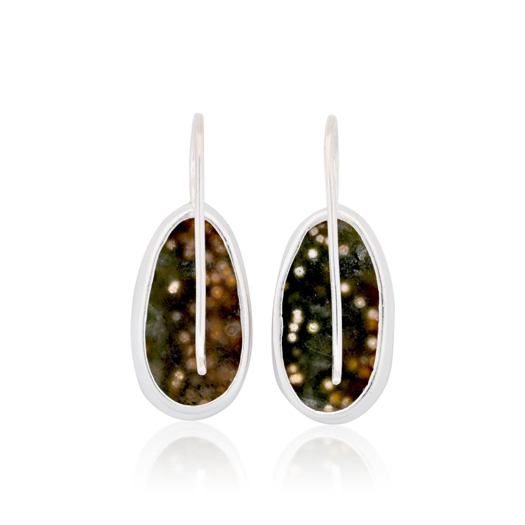 Natural Ocean Jasper Oval Shape Dangle Sterling Silver Women Earring