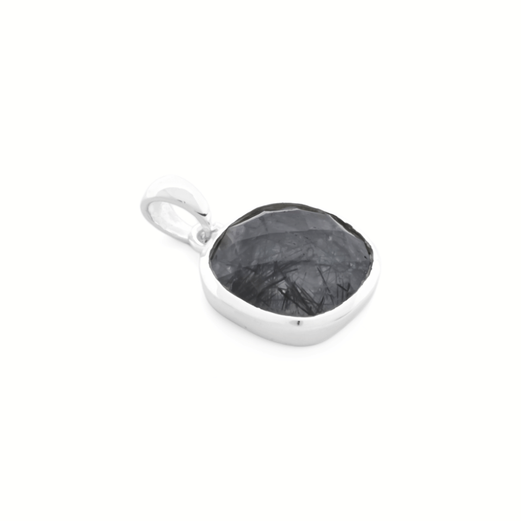 Natural Black Rutile Quartz April Birthstone Cushion Sterling Silver Pendant