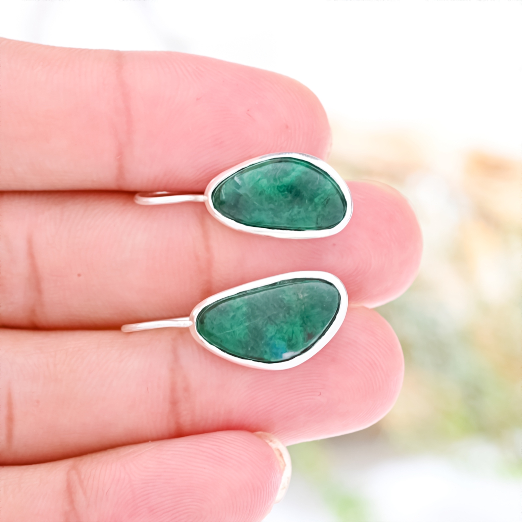 Natural Chrysocolla Gemstone Dangle Sterling Silver Women Earrings