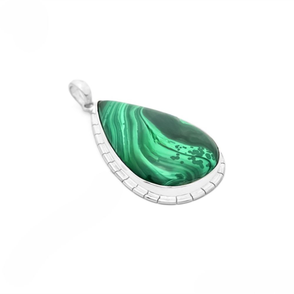 Natural Green Malachite Pear Design Sterling Silver Pendant Jewellery